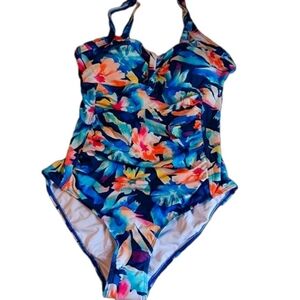 Tempt Me Women's Blue Tropical Ruched One Piece Bathing Swimsuit Tummy Control L